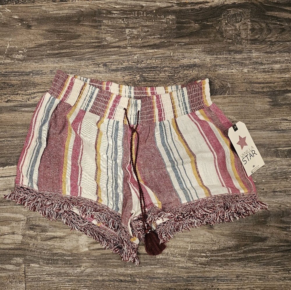 Vanilla Star High Waist Striped Fringe Shorts - Pink, Blue, Yellow